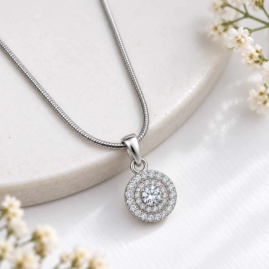 Classic Round Crystal Pendant Silver Necklace for Women