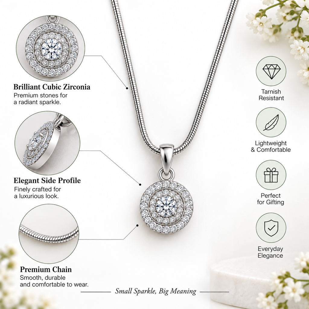 Classic Round Crystal Pendant Silver Necklace for Women