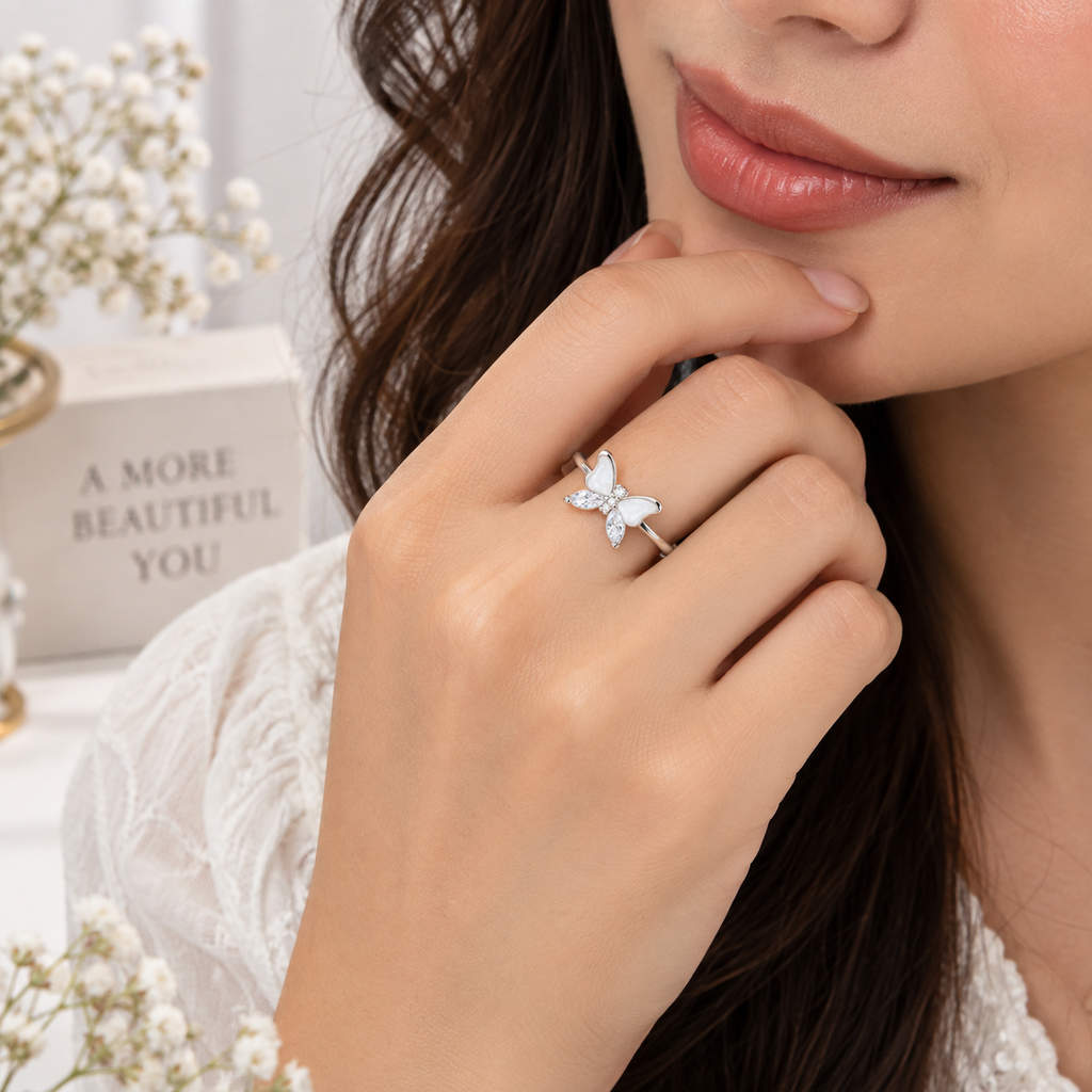 Silver Butterfly Crystal Adjustable Ring for Women