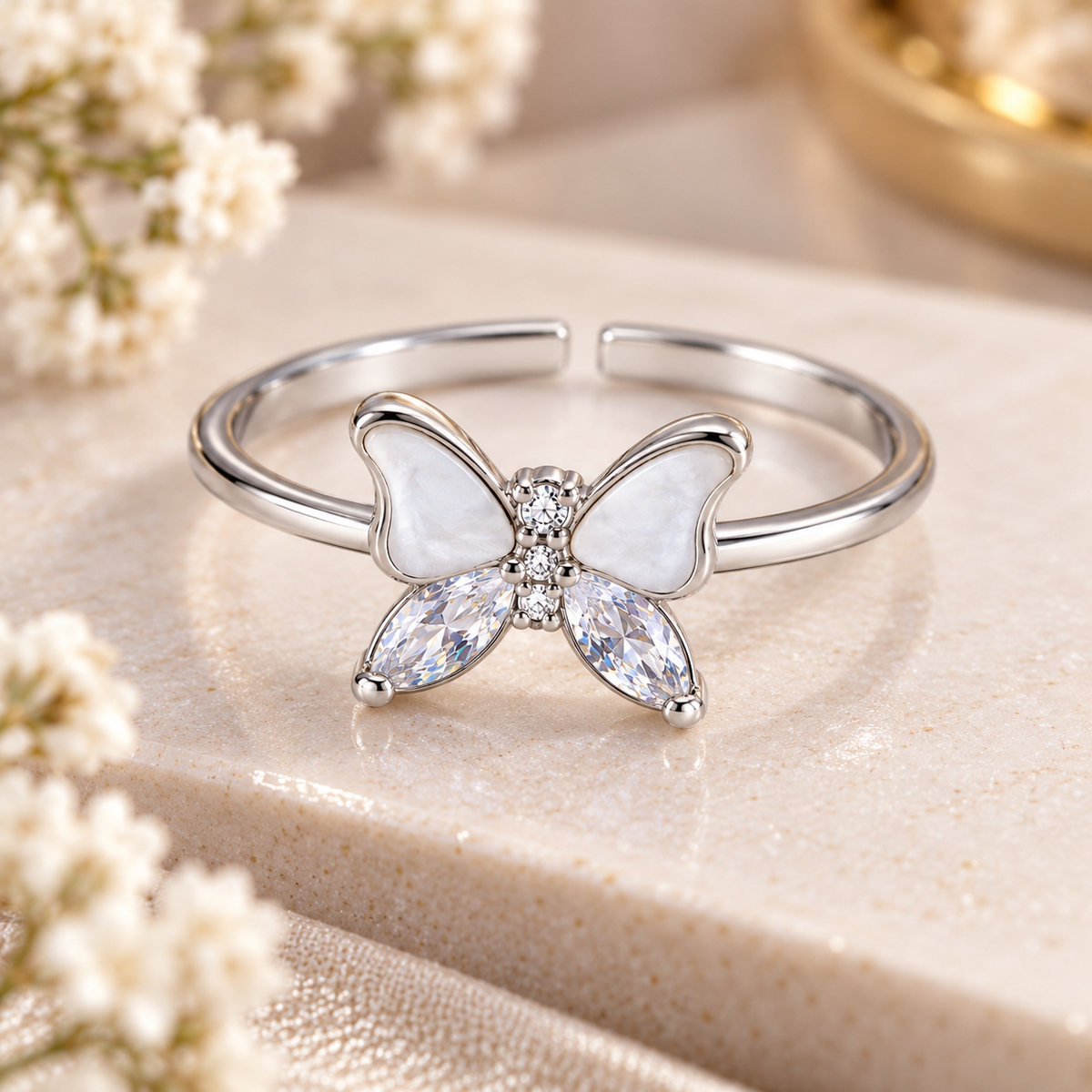 Silver Butterfly Crystal Adjustable Ring for Women