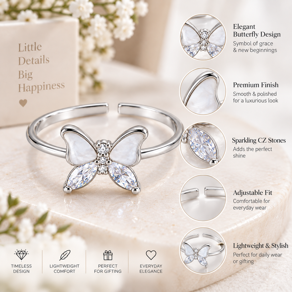 Silver Butterfly Crystal Adjustable Ring for Women