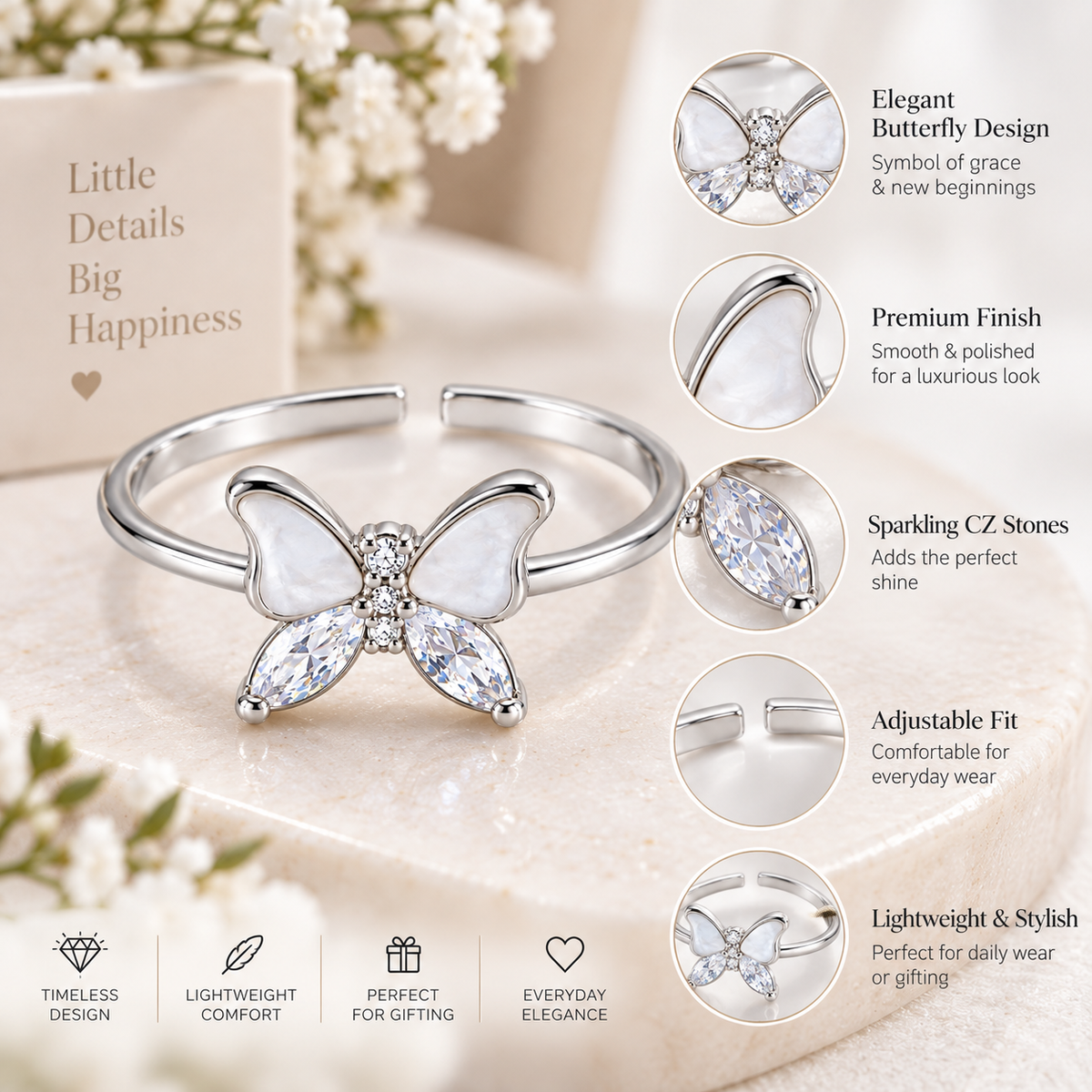 Silver Butterfly Crystal Adjustable Ring for Women