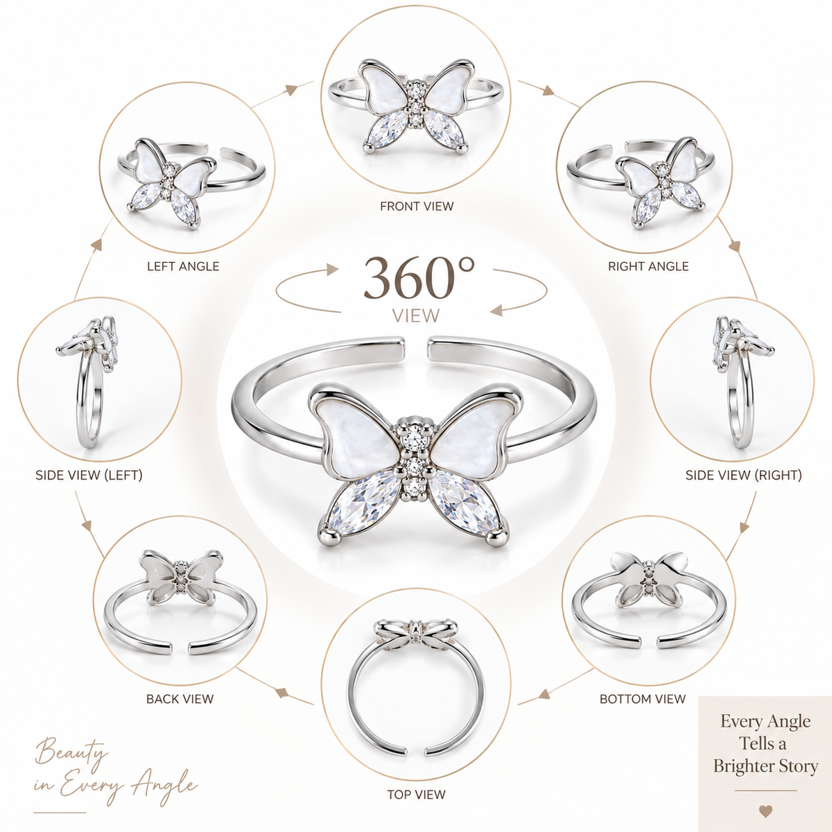 Silver Butterfly Crystal Adjustable Ring for Women