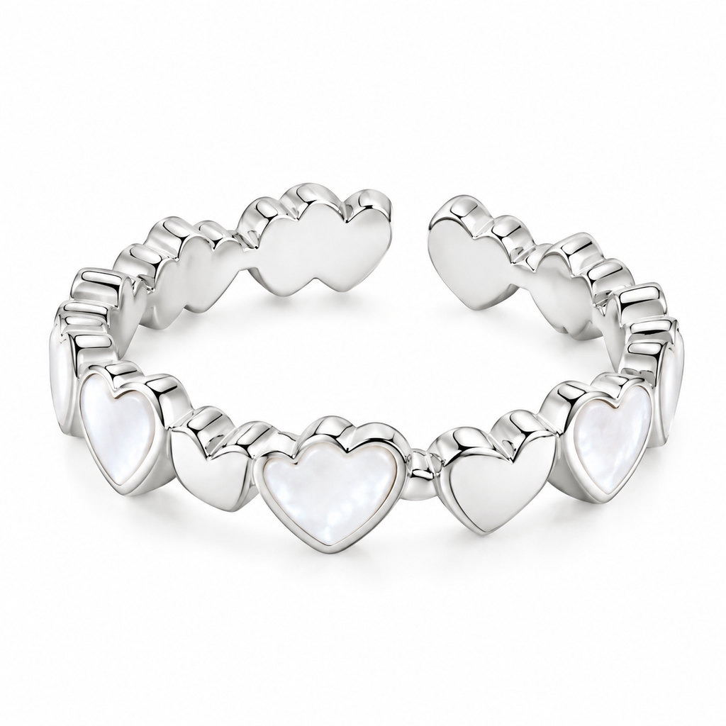 Silver Heart Pearl Adjustable Ring for Women