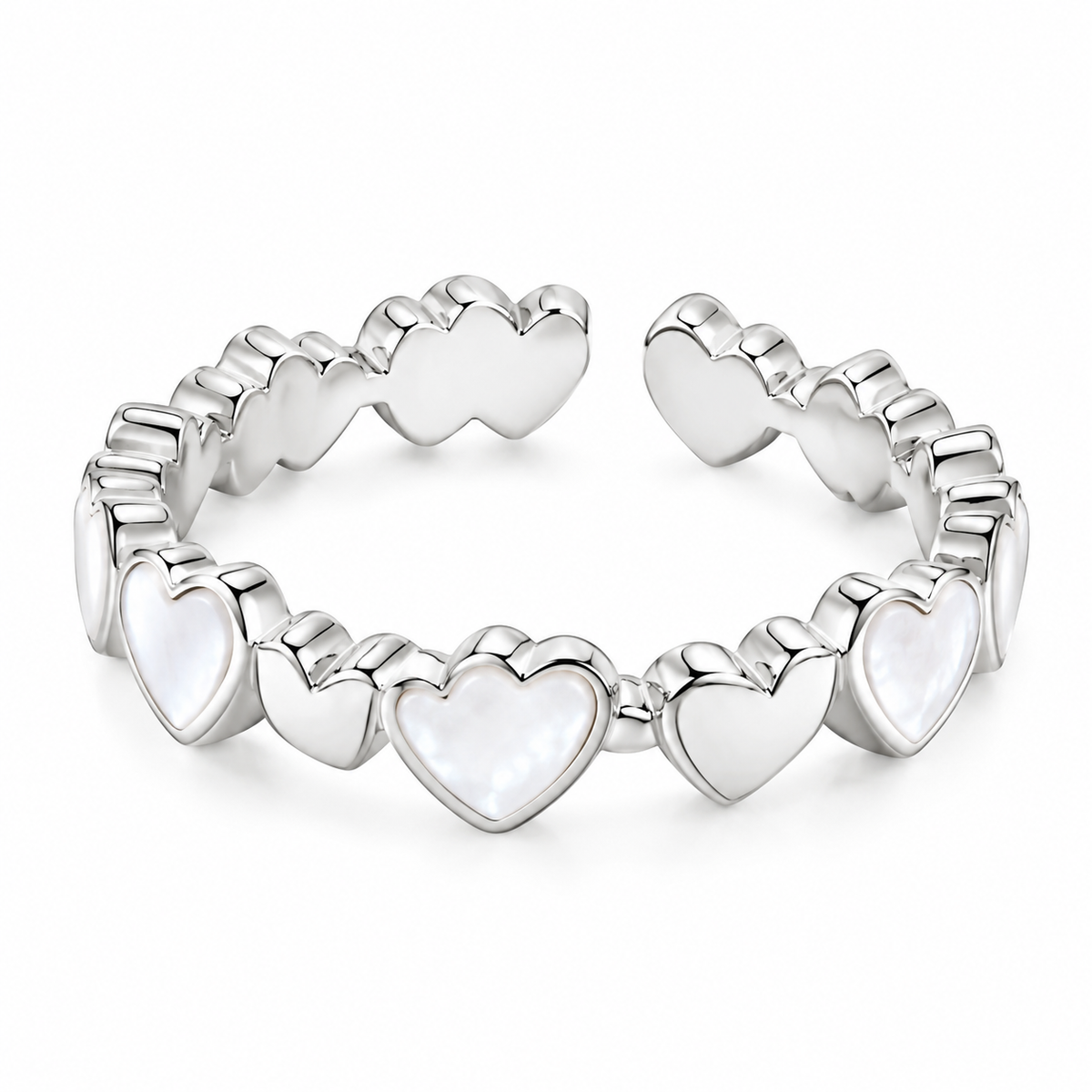 Silver Heart Pearl Adjustable Ring for Women