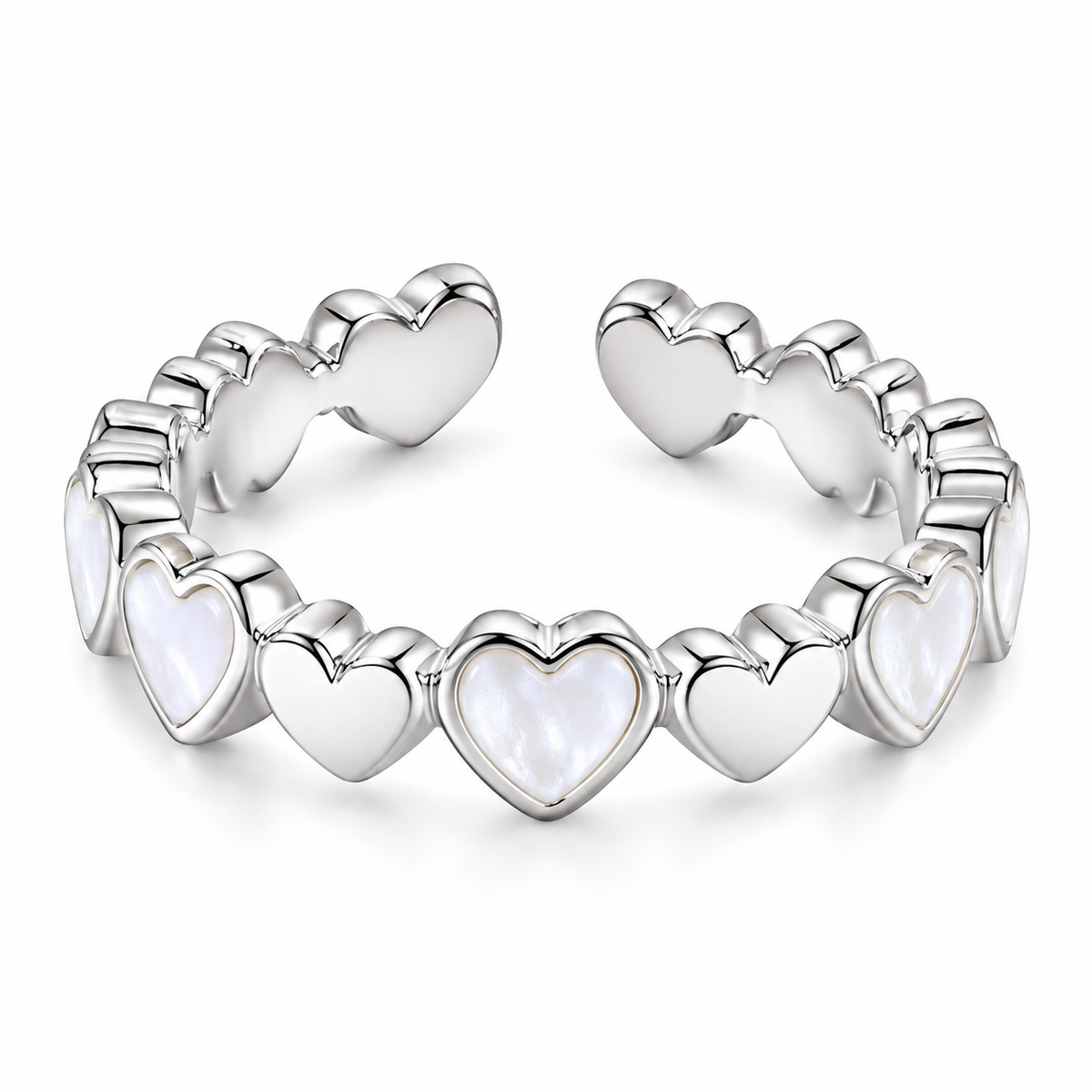 Silver Heart Pearl Adjustable Ring for Women