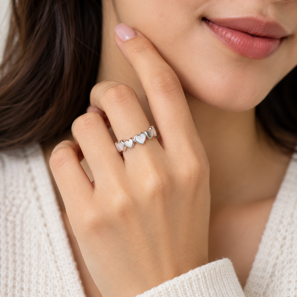 Silver Heart Pearl Adjustable Ring for Women