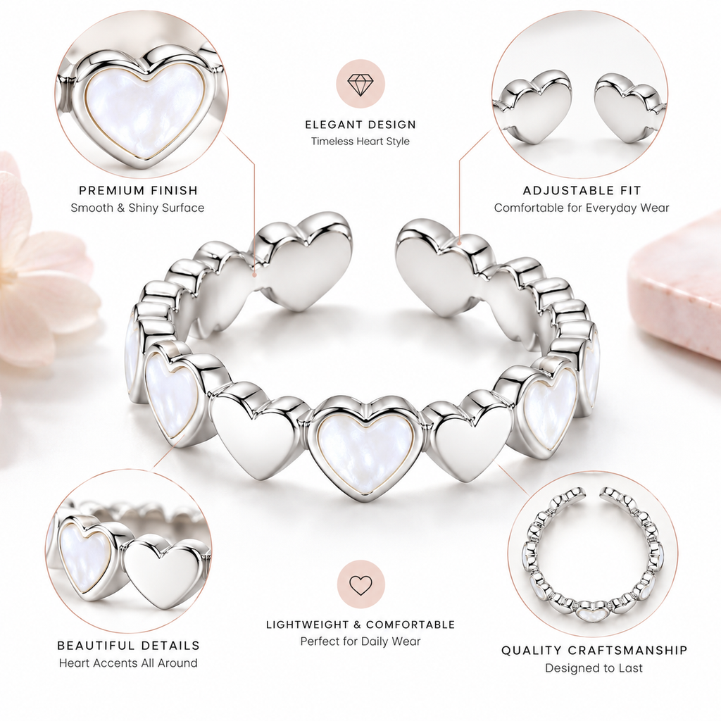 Silver Heart Pearl Adjustable Ring for Women