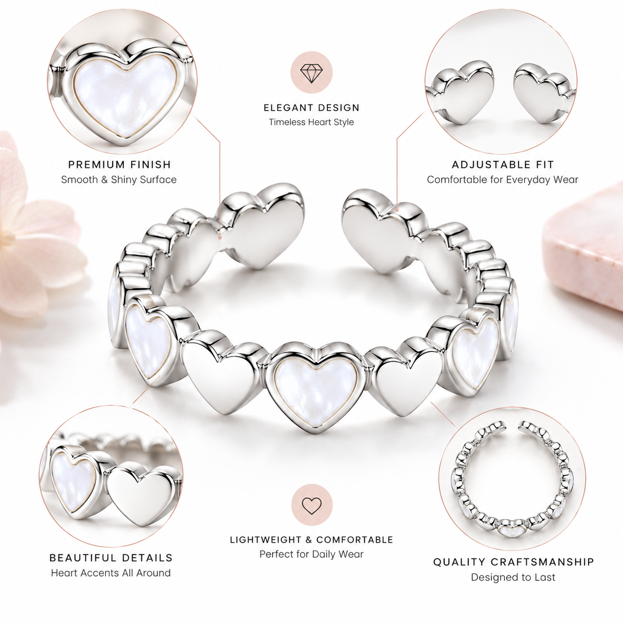 Silver Heart Pearl Adjustable Ring for Women