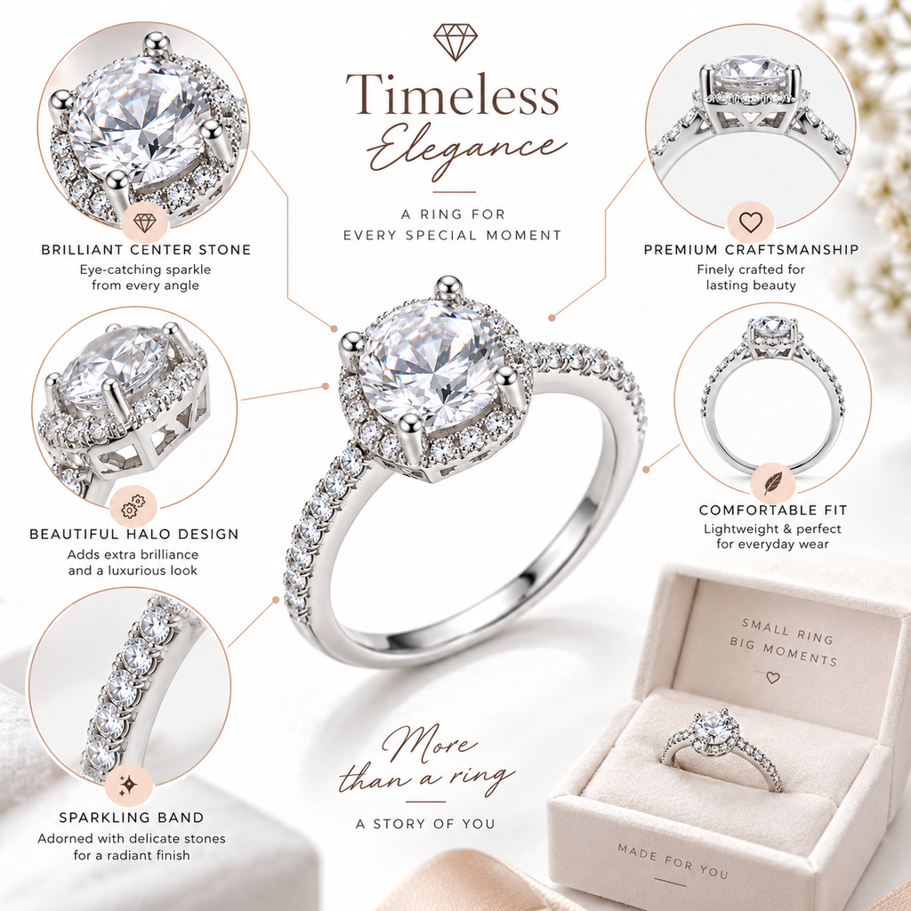 Silver Solitaire Crystal Adjustable Ring for Women