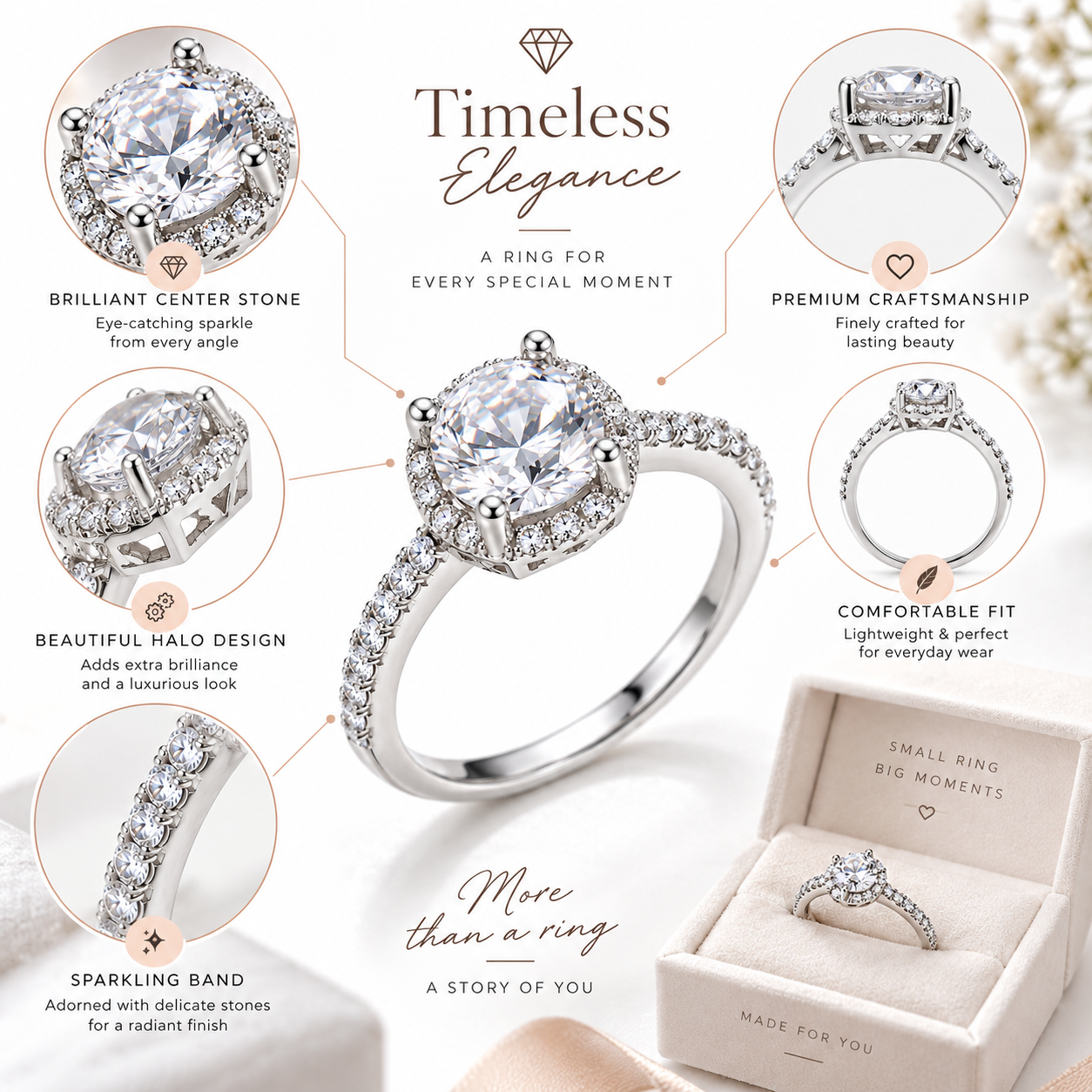 Silver Solitaire Crystal Adjustable Ring for Women