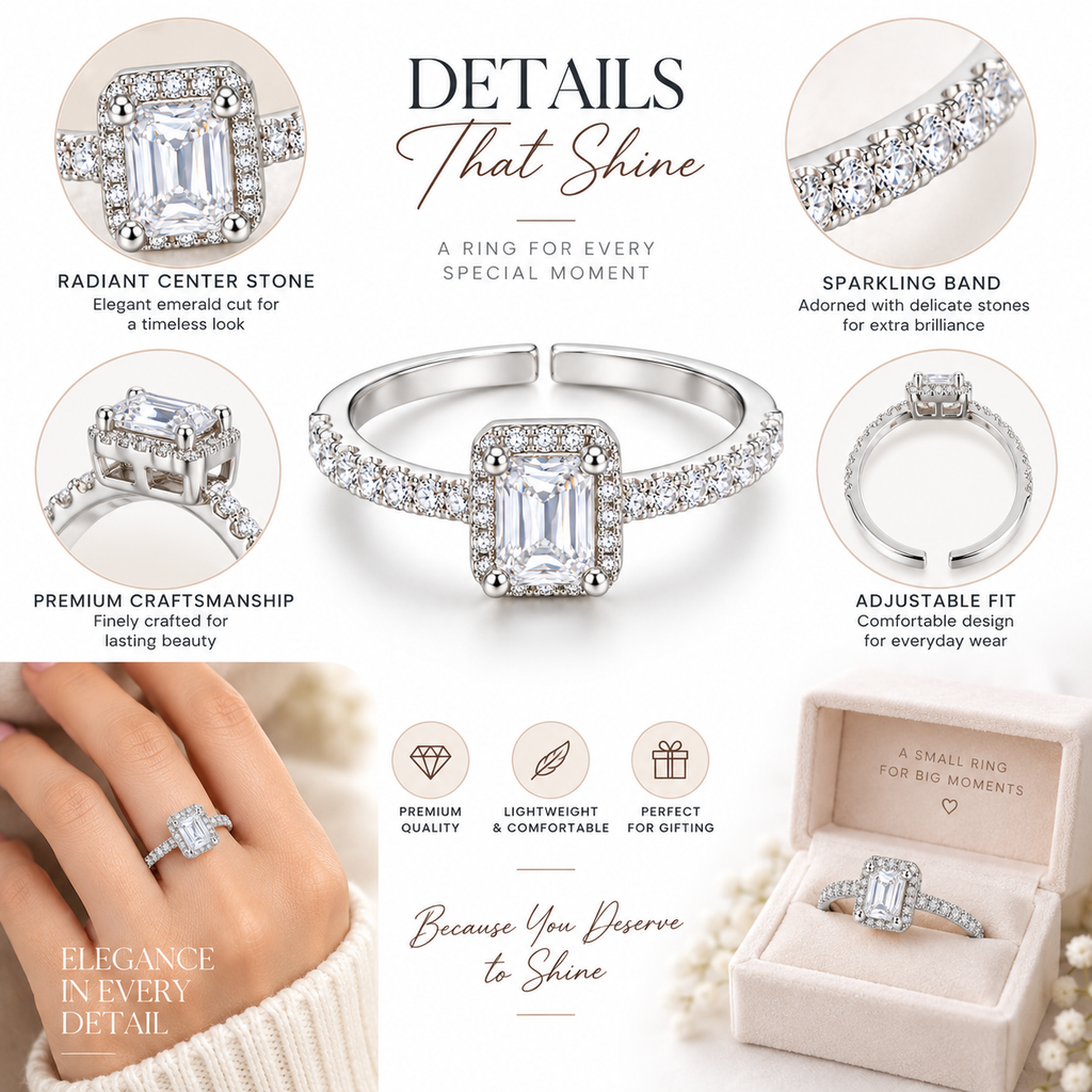 Silver Rectangular Crystal Adjustable Ring for Women