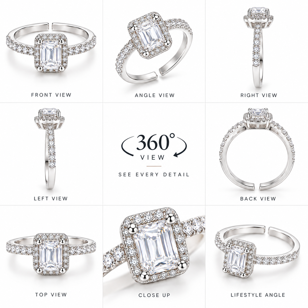 Silver Rectangular Crystal Adjustable Ring for Women