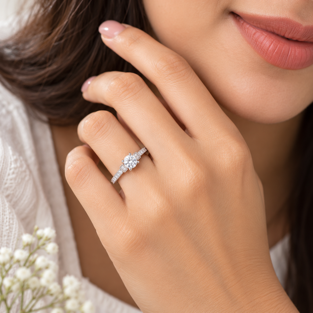 Silver Round Solitaire Crystal Ring for Women