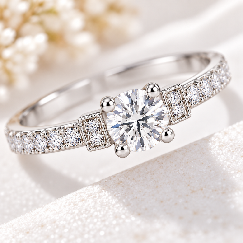 Silver Round Solitaire Crystal Ring for Women