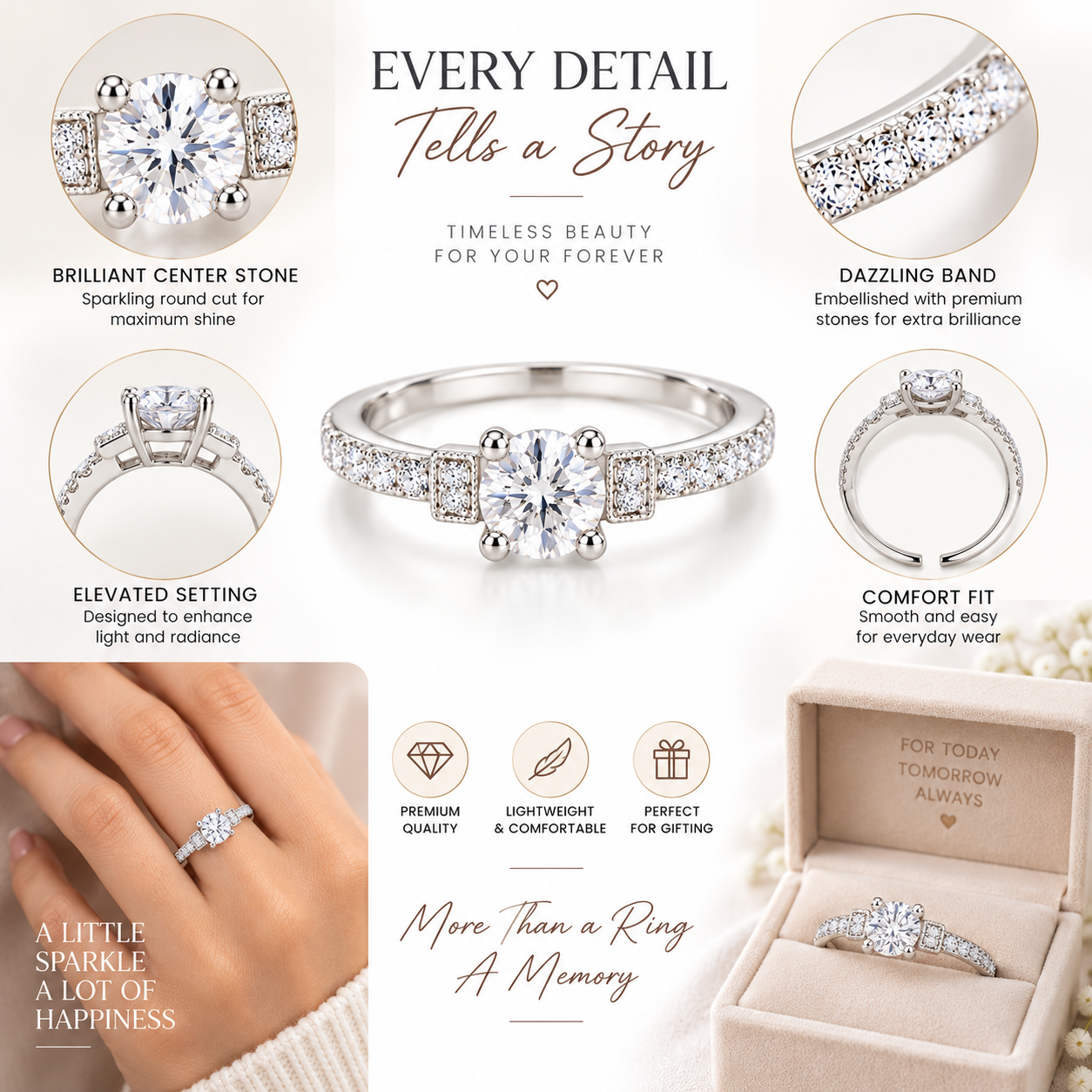 Silver Round Solitaire Crystal Ring for Women