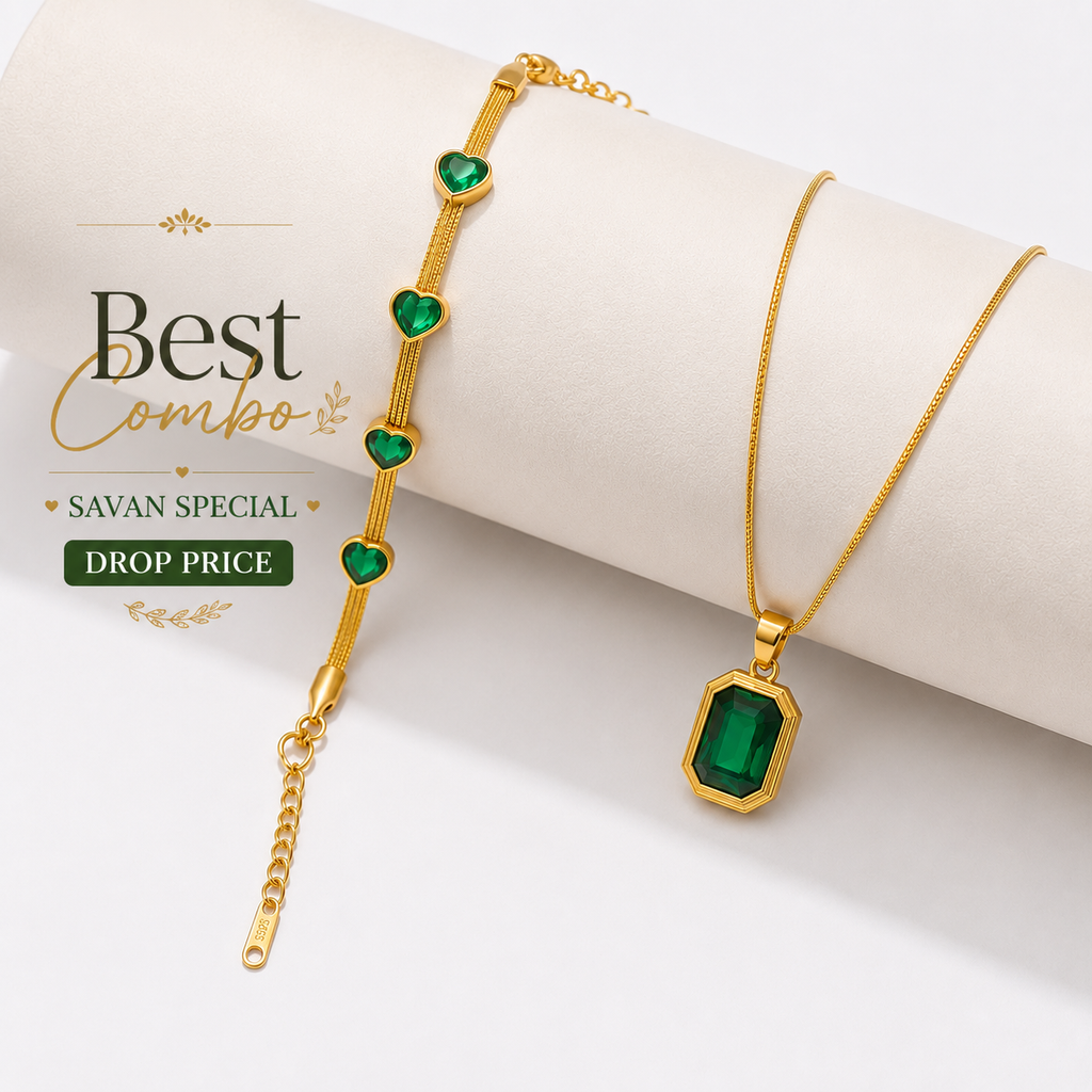 Emerald Green Pendant & Heart Bracelet Combo | 18K Gold Plated Anti-Tarnish Jewellery