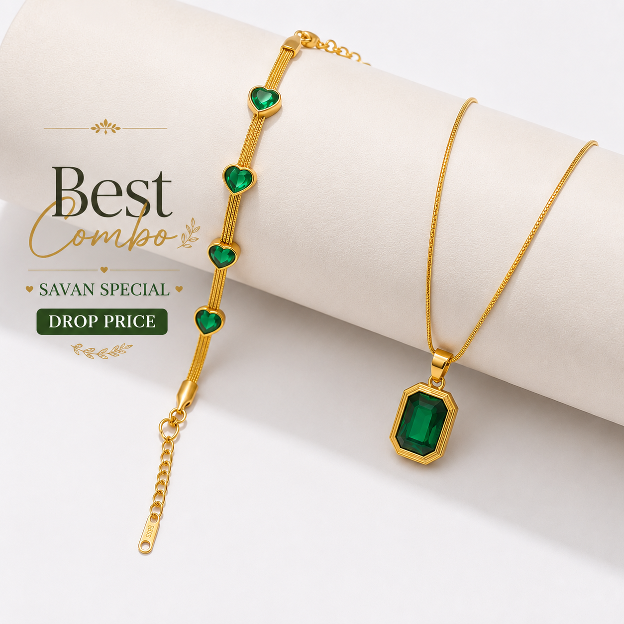 Emerald Green Pendant & Heart Bracelet Combo | 18K Gold Plated Anti-Tarnish Jewellery