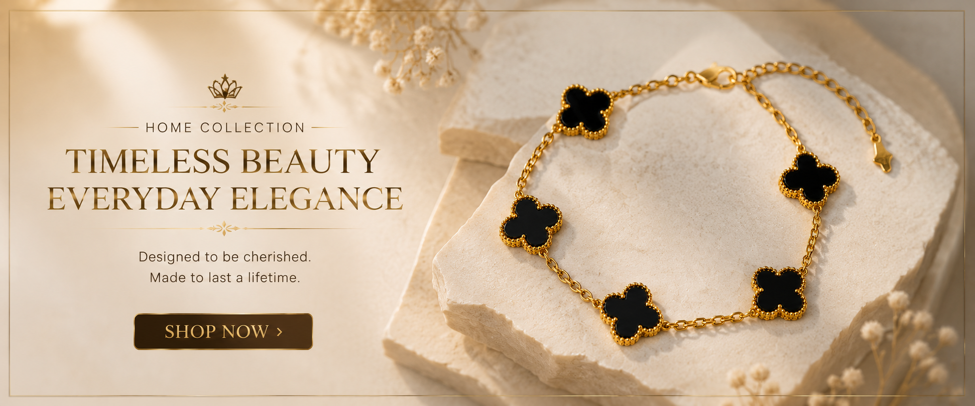 Gold chain bracelet with black clover charms, timeless everyday elegance jewelry for women
