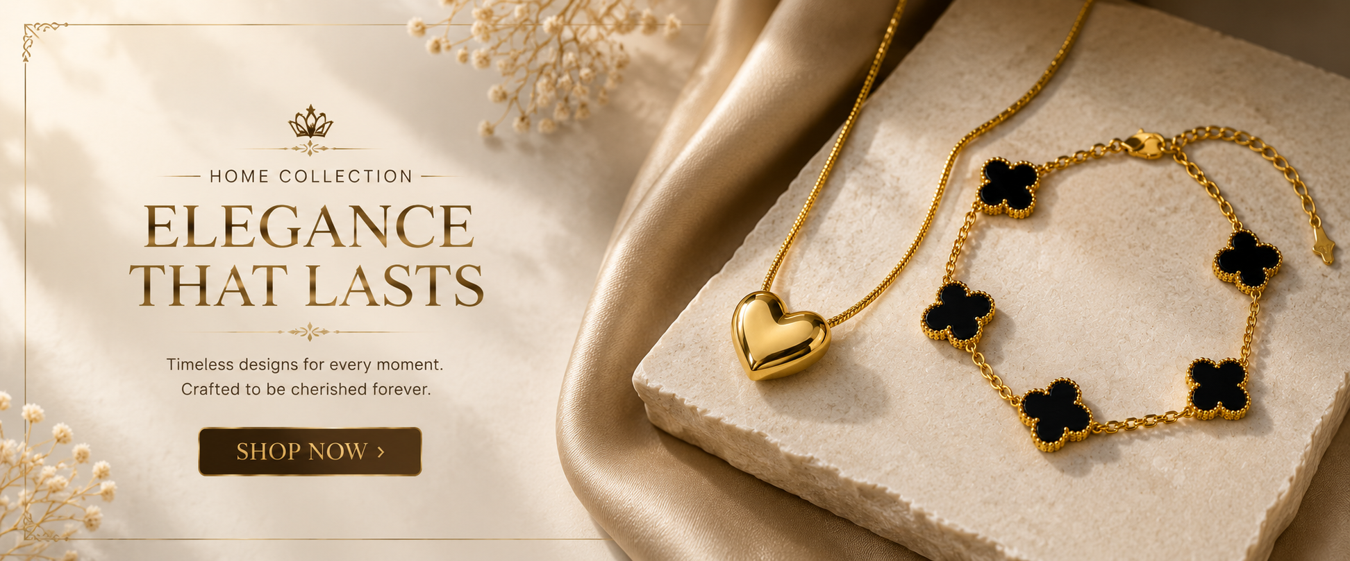 Gold heart pendant and clover charm necklace, elegant timeless jewelry for women