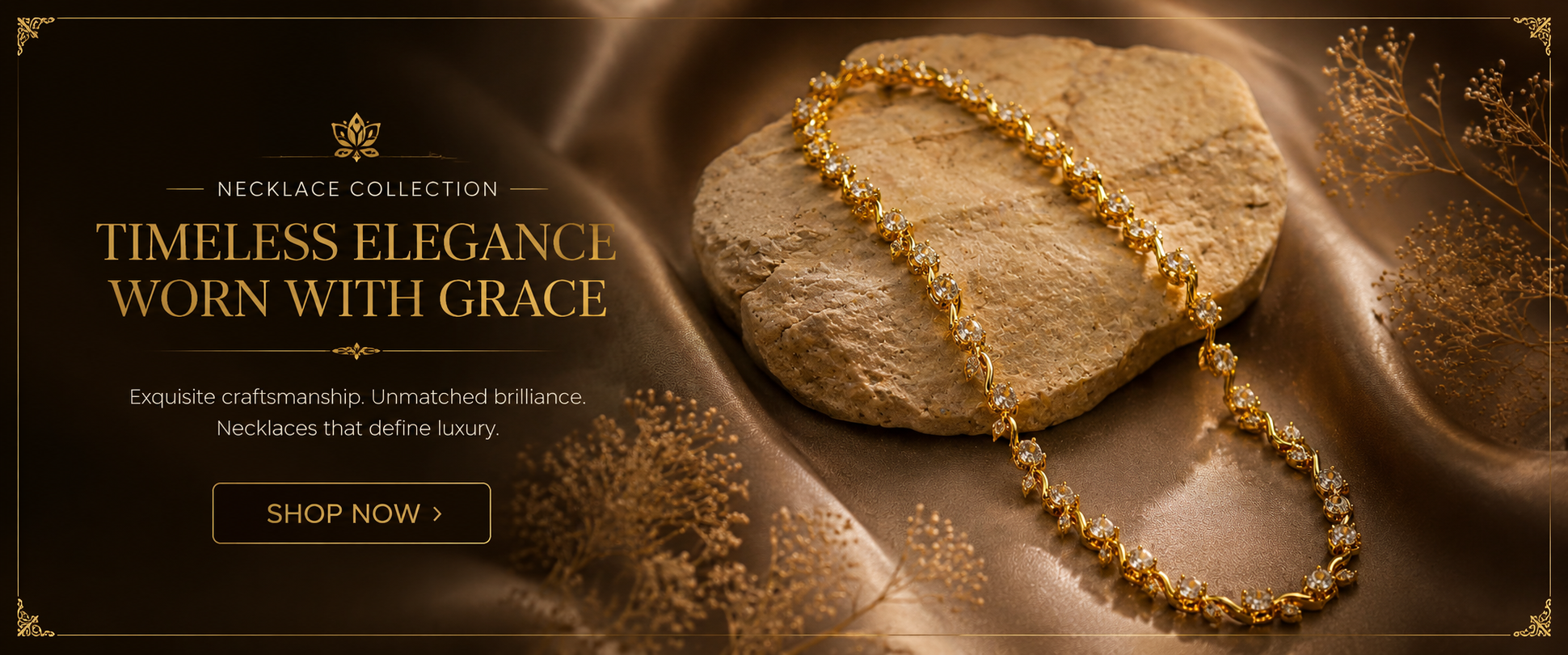 Elegant gold necklace with sparkling stones, displayed on stone and silk for timeless luxury jewelry collection.