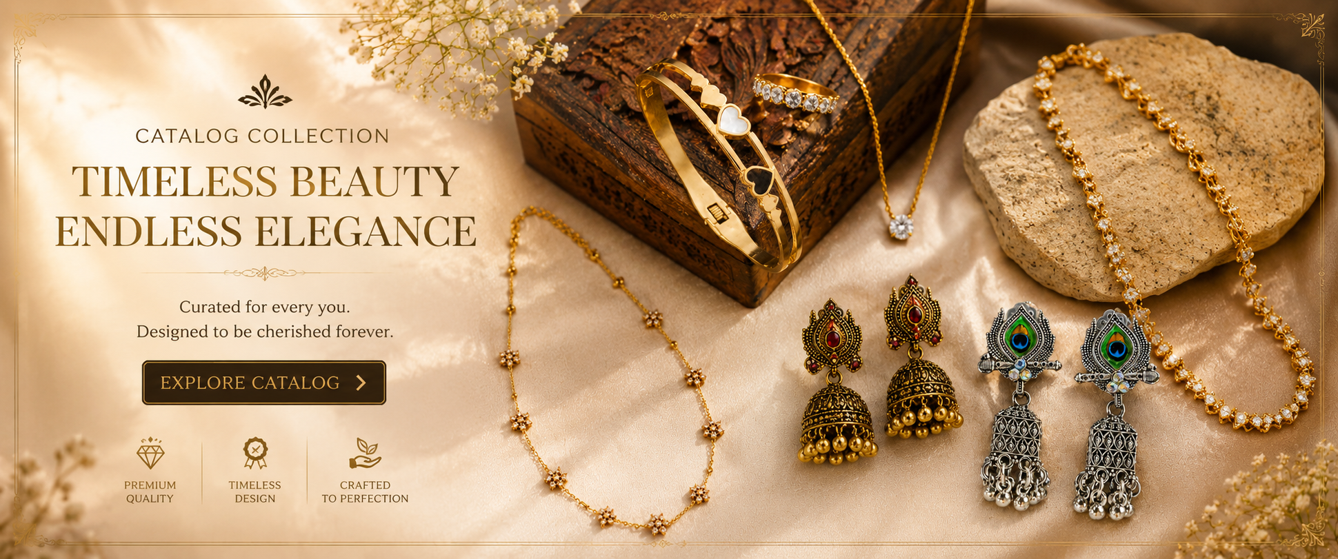 Elegant gold and silver jewelry collection with peacock earrings, heart bangle, and floral necklaces for timeless beauty