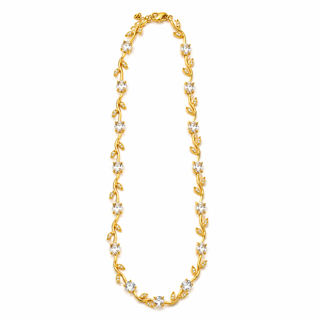 Elegant gold vine necklace with clear crystals, anti-tarnish jewelry for women, everyday luxury style