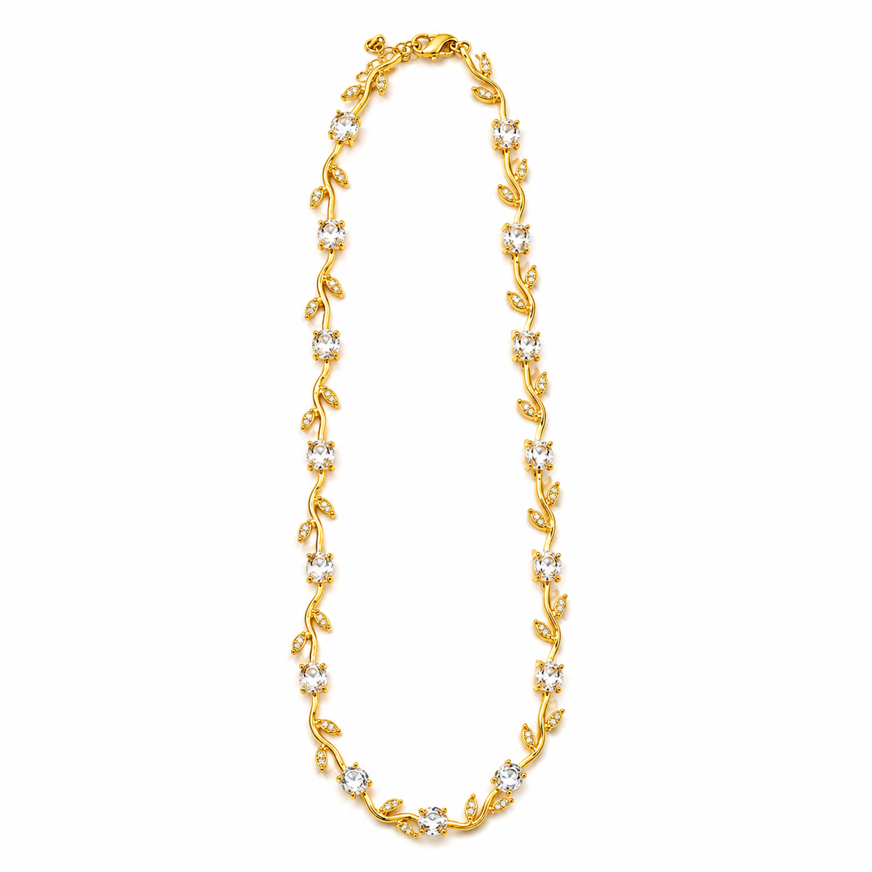 Elegant gold vine necklace with clear crystals, anti-tarnish jewelry for women, everyday luxury style