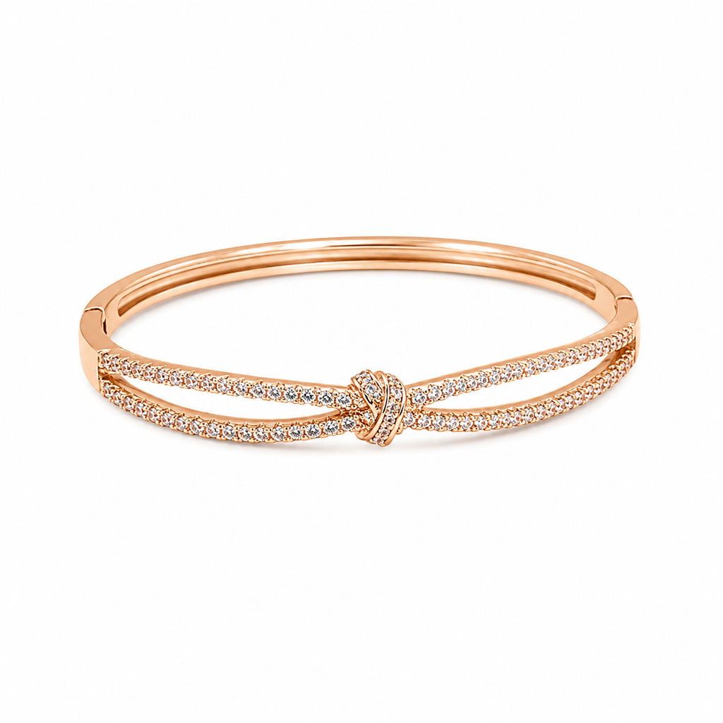 Rose gold bangle with diamond knot design, anti-tarnish luxury jewelry for women