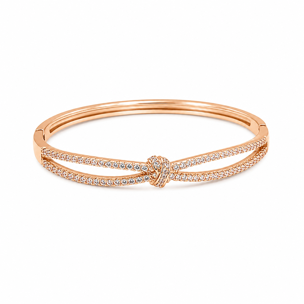 Rose gold bangle with diamond knot design, anti-tarnish luxury jewelry for women