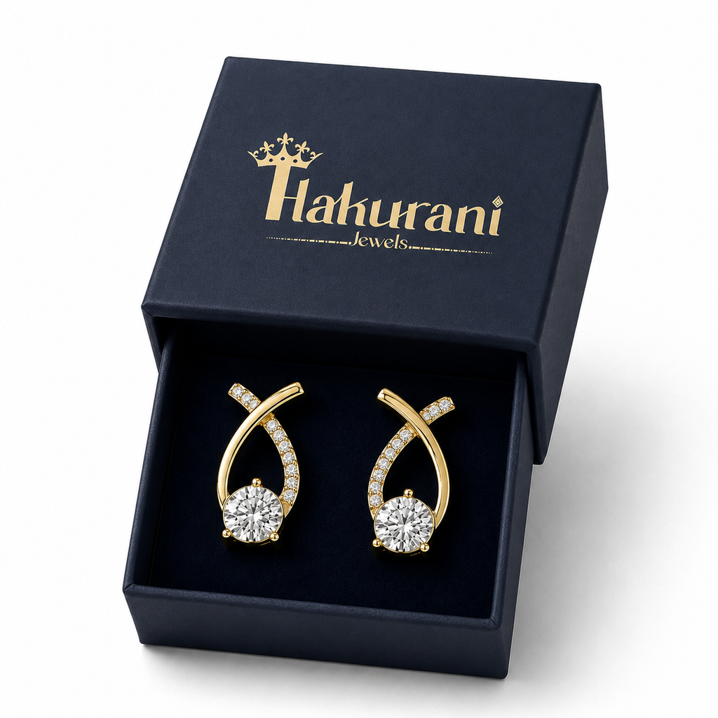 Elegant gold stud earrings with crystal accents in luxury gift box, anti-tarnish jewelry for women