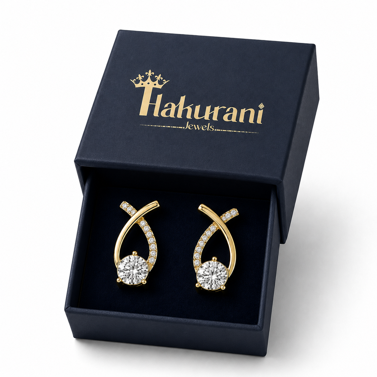 Elegant gold stud earrings with crystal accents in luxury gift box, anti-tarnish jewelry for women