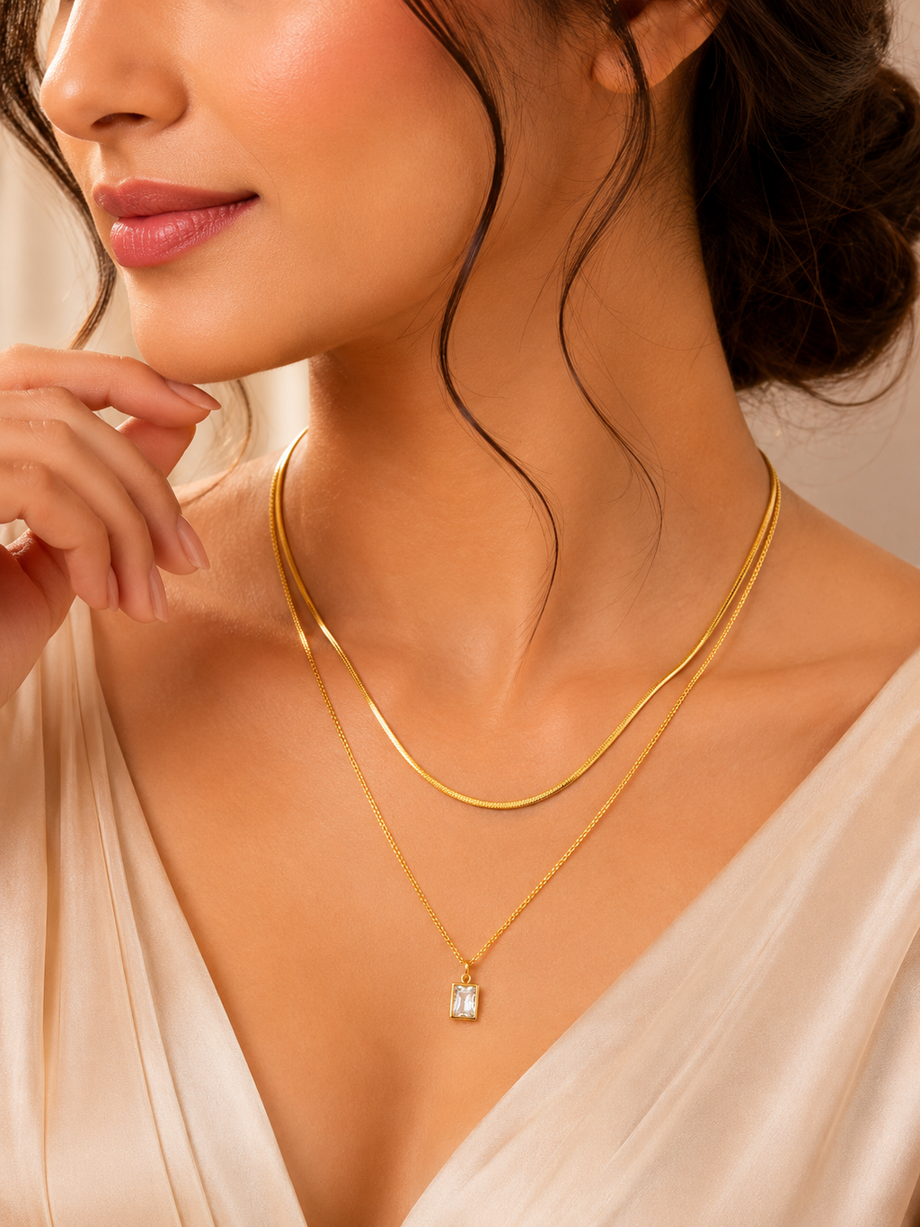 Gold Layered Necklace Set | Snake Chain + Crystal Square Pendant | Dainty Gift