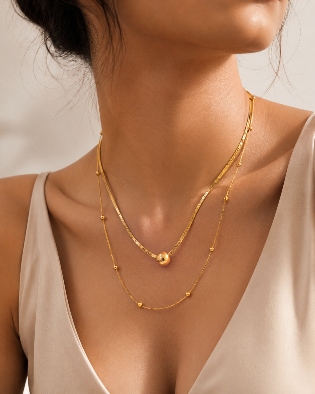 Gold Layered Ball Pendant Necklace | Herringbone & Satellite Chain | Women's Gift Jewellery