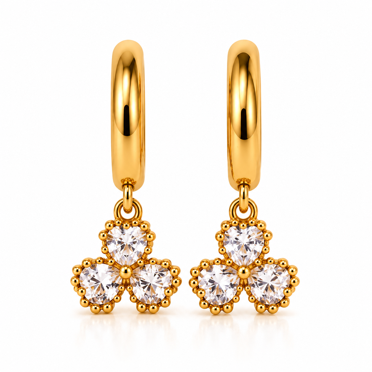 Artificial Gold-Plated Earrings Combo Set of 3 for Women | Crystal Hoops, Emerald Studs & Clover Studs