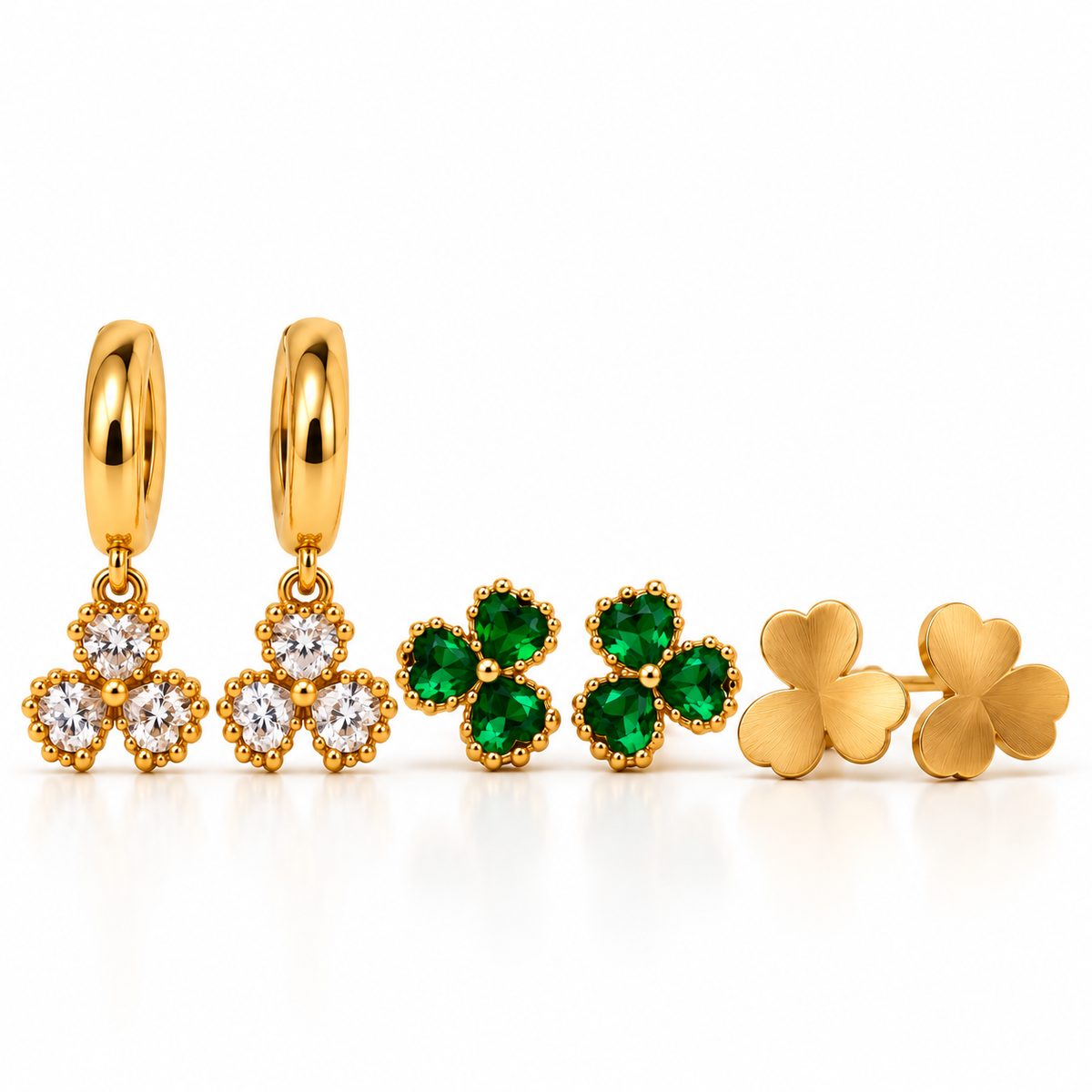 Artificial Gold-Plated Earrings Combo Set of 3 for Women | Crystal Hoops, Emerald Studs & Clover Studs
