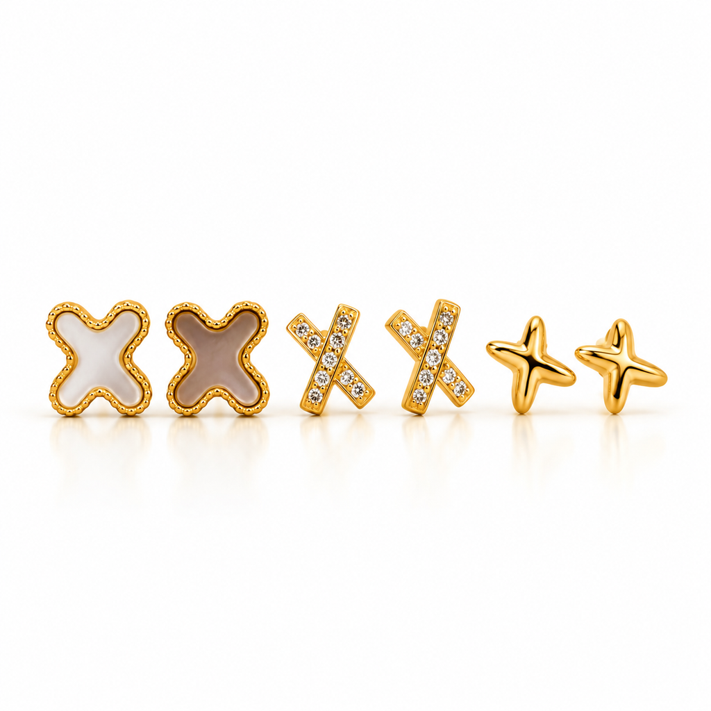 Artificial Gold-Plated Stud Earrings Set of 3 for Women | X Cross, Enamel, Crystal & Minimal Studs