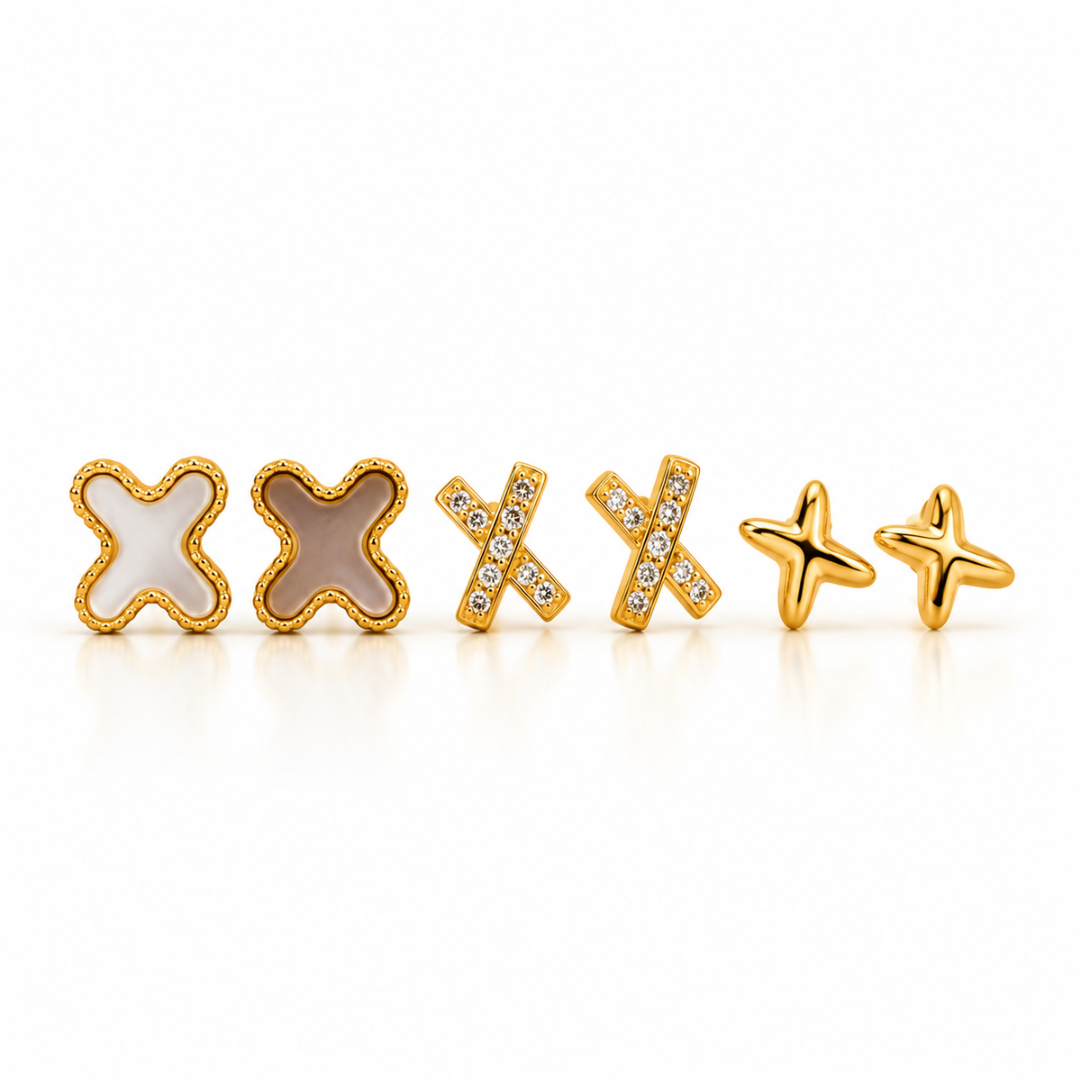 Artificial Gold-Plated Stud Earrings Set of 3 for Women | X Cross, Enamel, Crystal & Minimal Studs