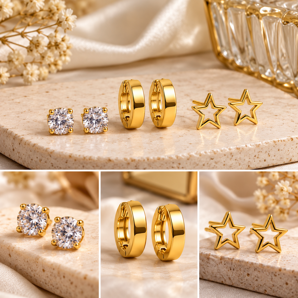 Artificial Gold Plated Earrings Combo Set of 3 for Women | Crystal Studs, Star & Huggie Hoop Earrings
