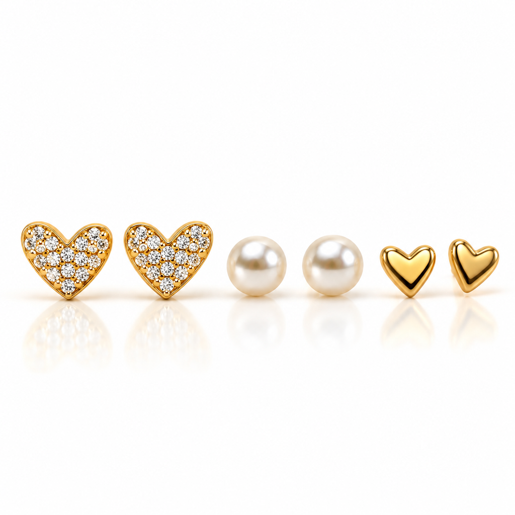 3-Pair Romantic Heart & Pearl Gold-Plated Stud Earring Set