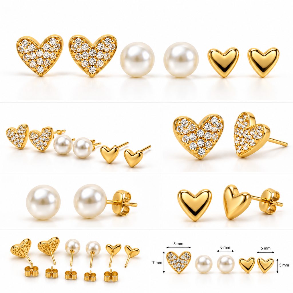 3-Pair Romantic Heart & Pearl Gold-Plated Stud Earring Set