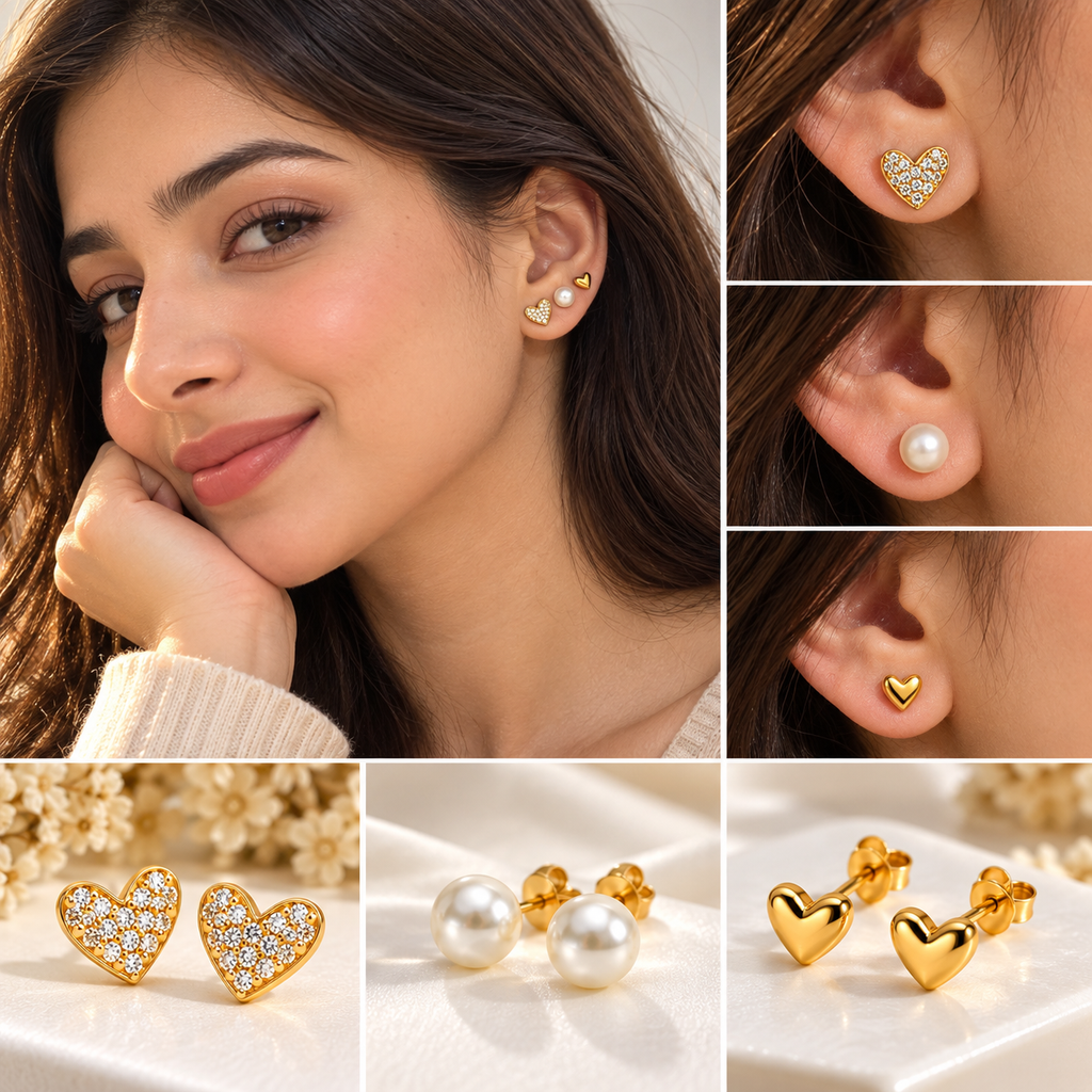 3-Pair Romantic Heart & Pearl Gold-Plated Stud Earring Set