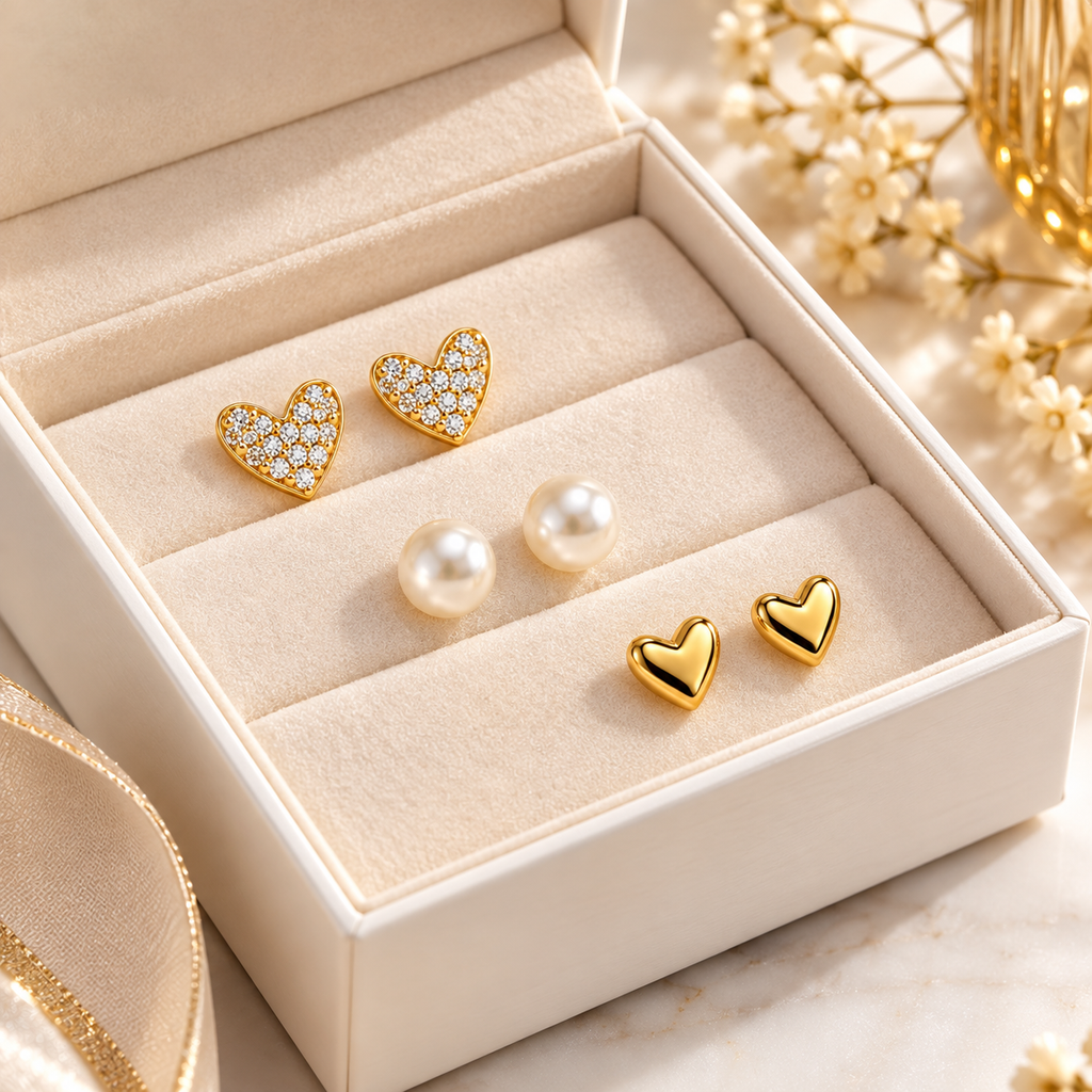 3-Pair Romantic Heart & Pearl Gold-Plated Stud Earring Set