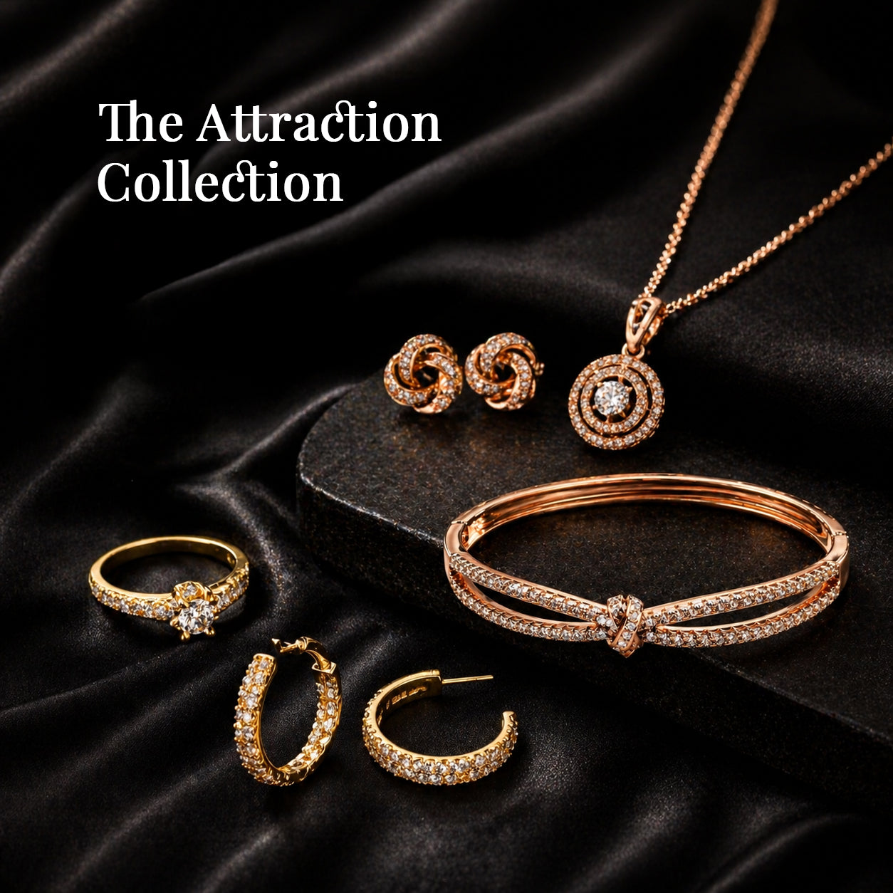 Elegant rose gold jewelry set with diamond accents, featuring necklace, earrings, ring, and bracelet from The Attraction Collection