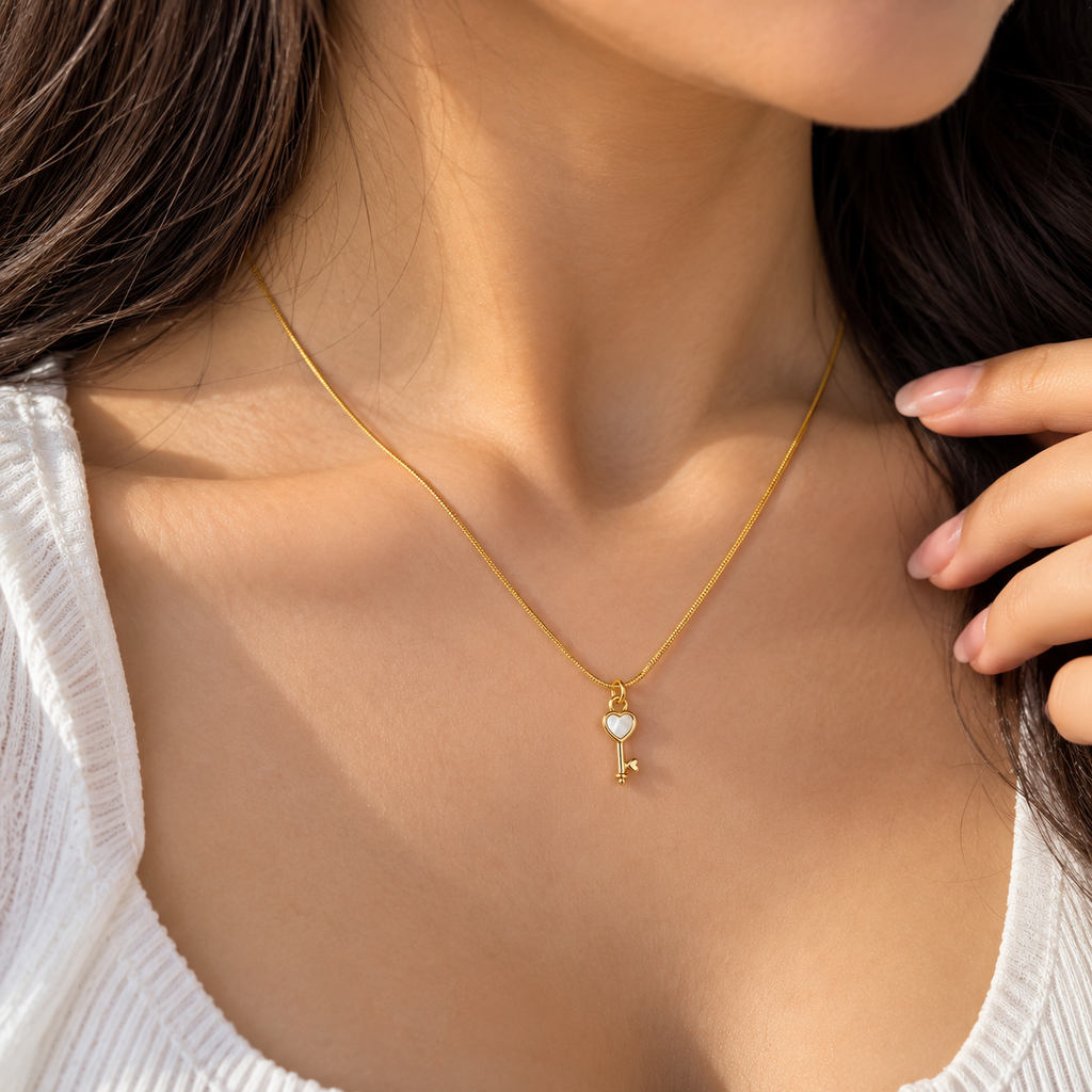 Gold-Tone Heart Key Pendant Necklace for Women