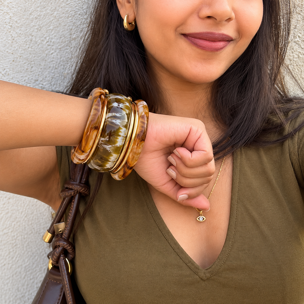 Marbled Amber & Olive Bangle Stack | Thakurani Jewels