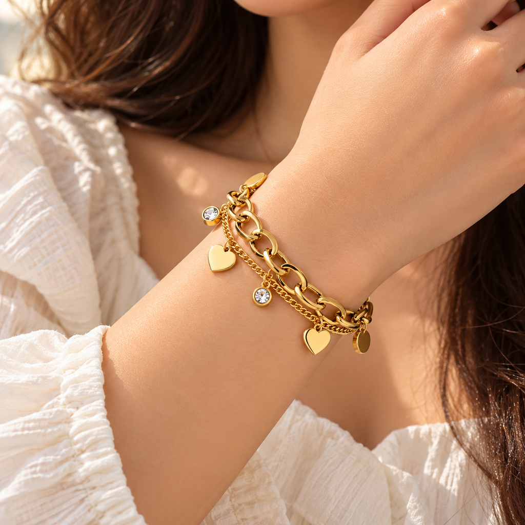 Gold-Tone Multi-Layer Heart & Crystal Charm Bracelet