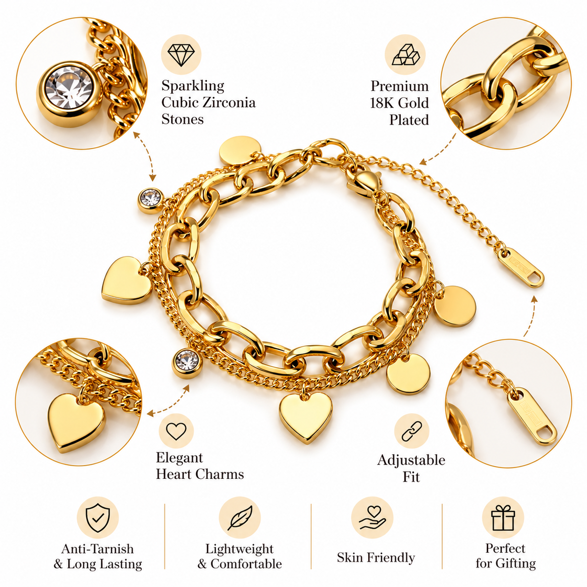 Gold-Tone Multi-Layer Heart & Crystal Charm Bracelet