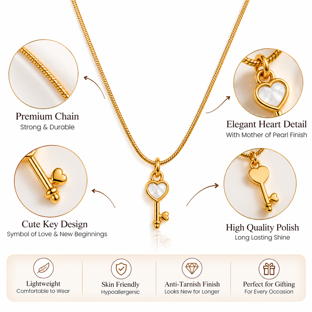 Gold-Tone Heart Key Pendant Necklace for Women