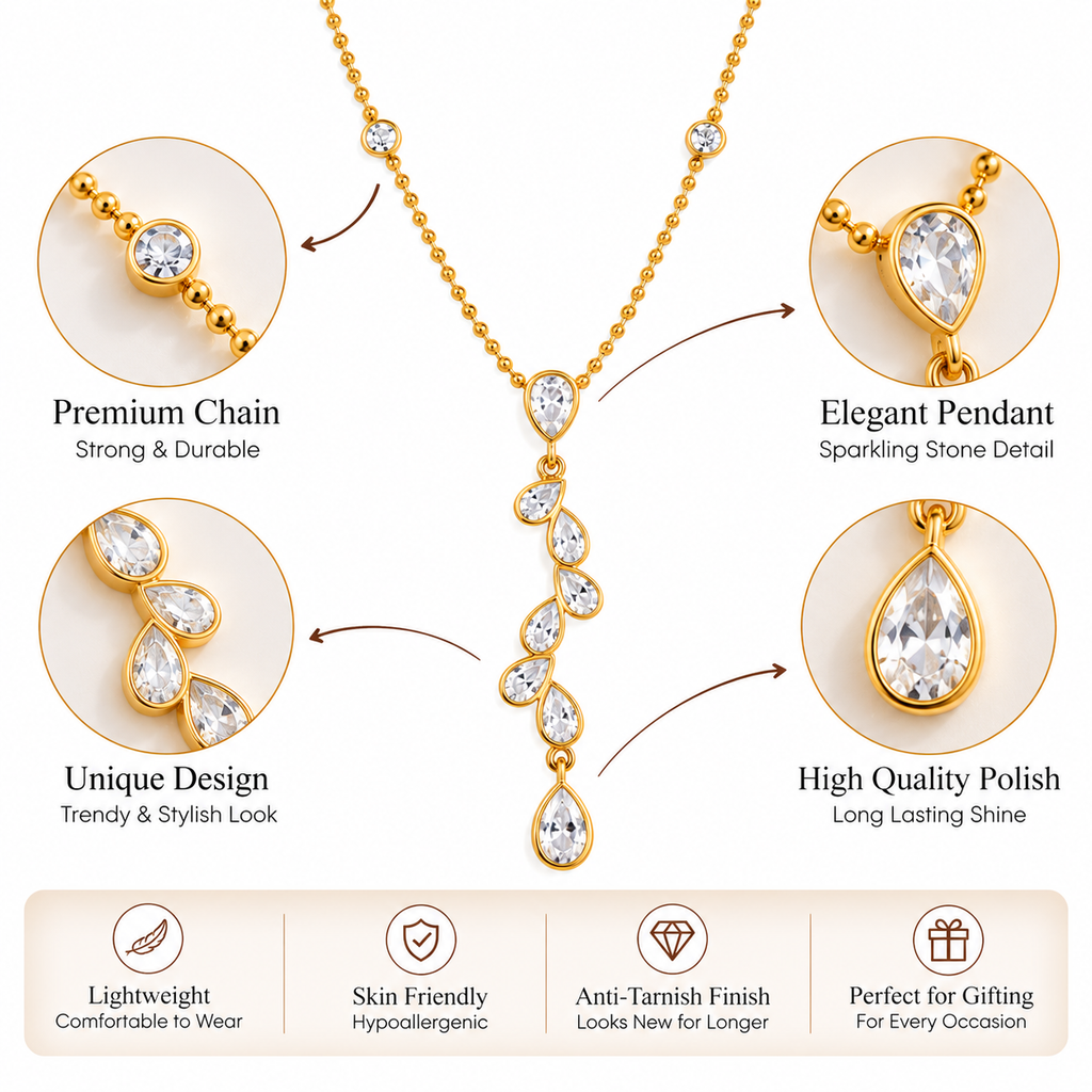 Gold-Tone Teardrop Crystal Pendant Necklace for Women